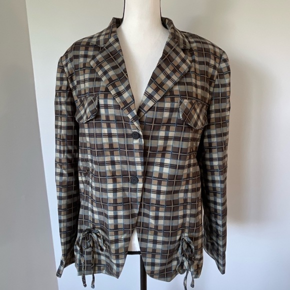 Cider plaid pattern ruched blazer with shoulder pads in a size large - Picture 1 of 16